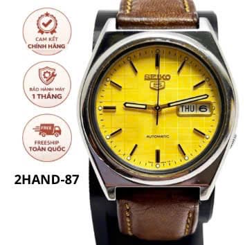 Đồng hồ nam dây da Seiko 5 automatic 21 jewels, chính hãng nhật bản, mặt vàng vintage sang trọng