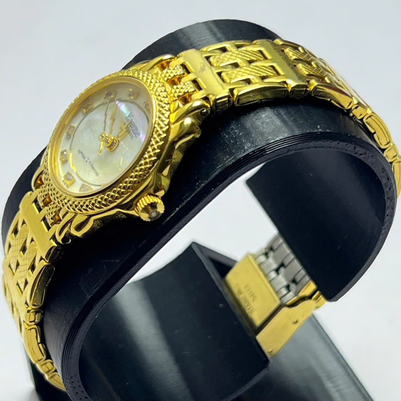 Đồng hồ nữ Klaeuse quartz mặt xà cừ đính đá dây demi vàng vintage độ mới cao