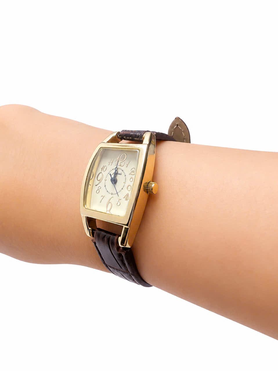 Đồng hồ nữ J-Axis vintage mặt chữ nhật cong dây da nâu phong cách cổ điển