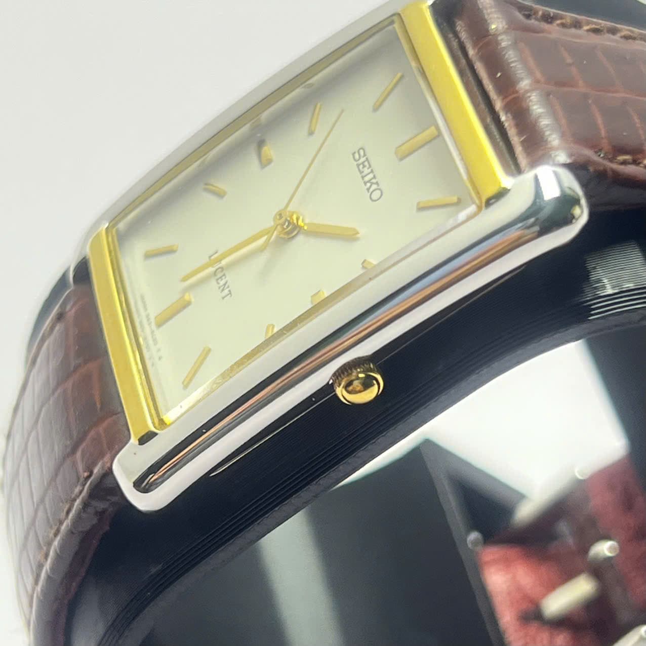 Seiko Lucent Quartz 5E21 mặt chữ nhật vàng trắng, đồng hồ vintage nam nữ chính hãng