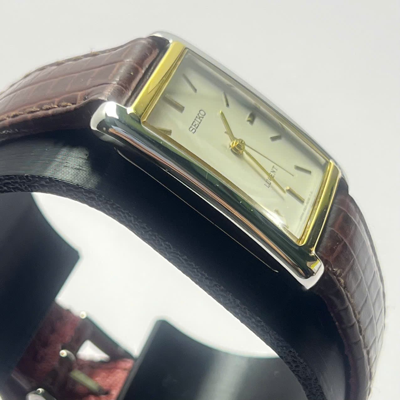 Seiko Lucent Quartz 5E21 mặt chữ nhật vàng trắng, đồng hồ vintage nam nữ chính hãng
