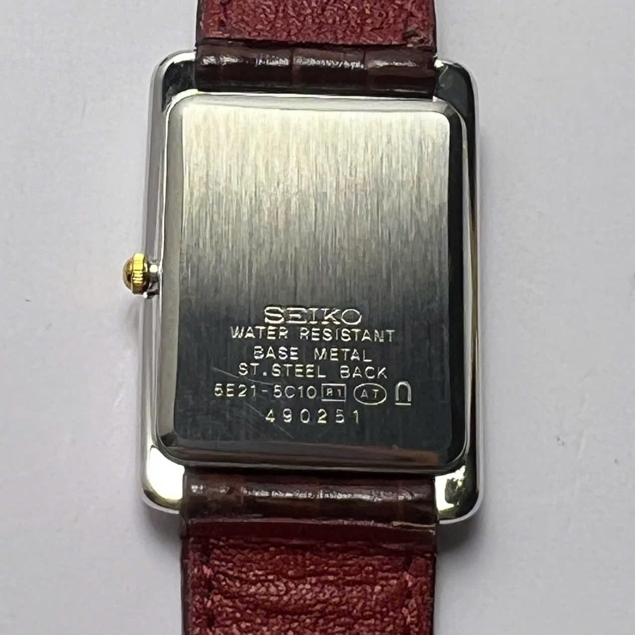 Seiko Lucent Quartz 5E21 mặt chữ nhật vàng trắng, đồng hồ vintage nam nữ chính hãng