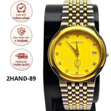 Đồng hồ nữ capucci mặt vàng đính đá, dây demi vintage, chính hãng thụy sĩ