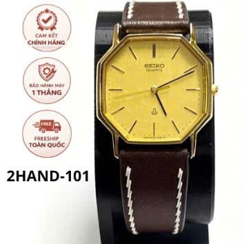 Đồng hồ nam dây da Seiko Quartz 1980s, mặt bát giác cổ điển, chính hãng nhật bản, mặt vàng vintage sang trọng