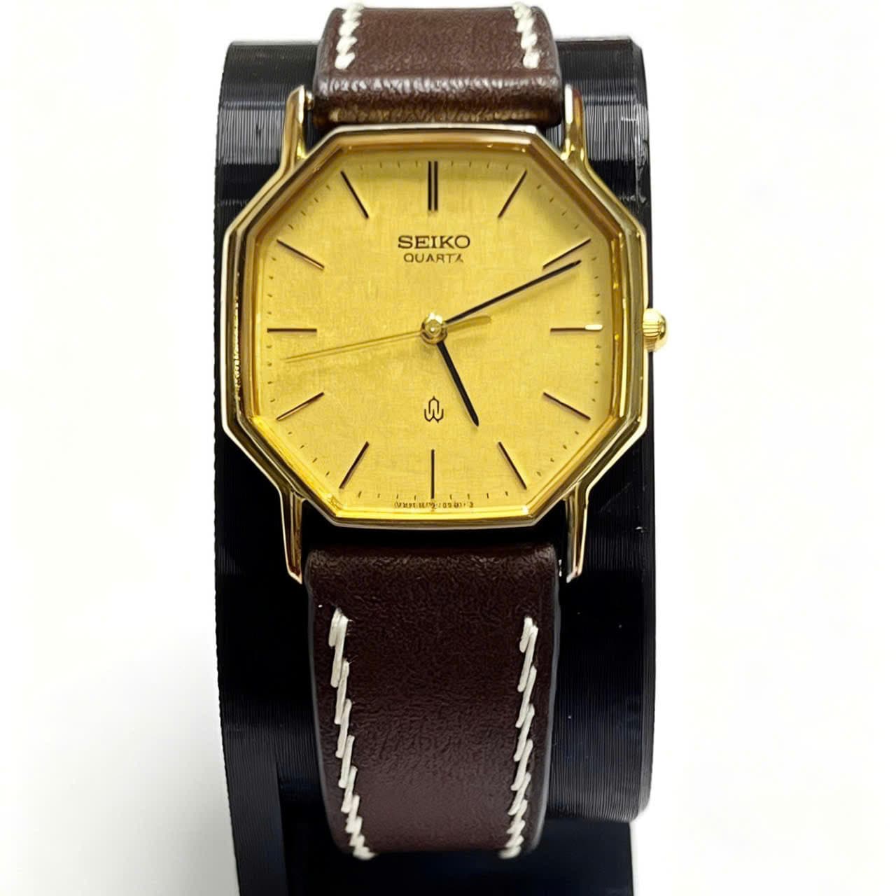 Đồng hồ nam dây da Seiko Quartz 1980s, mặt bát giác cổ điển, chính hãng nhật bản, mặt vàng vintage sang trọng