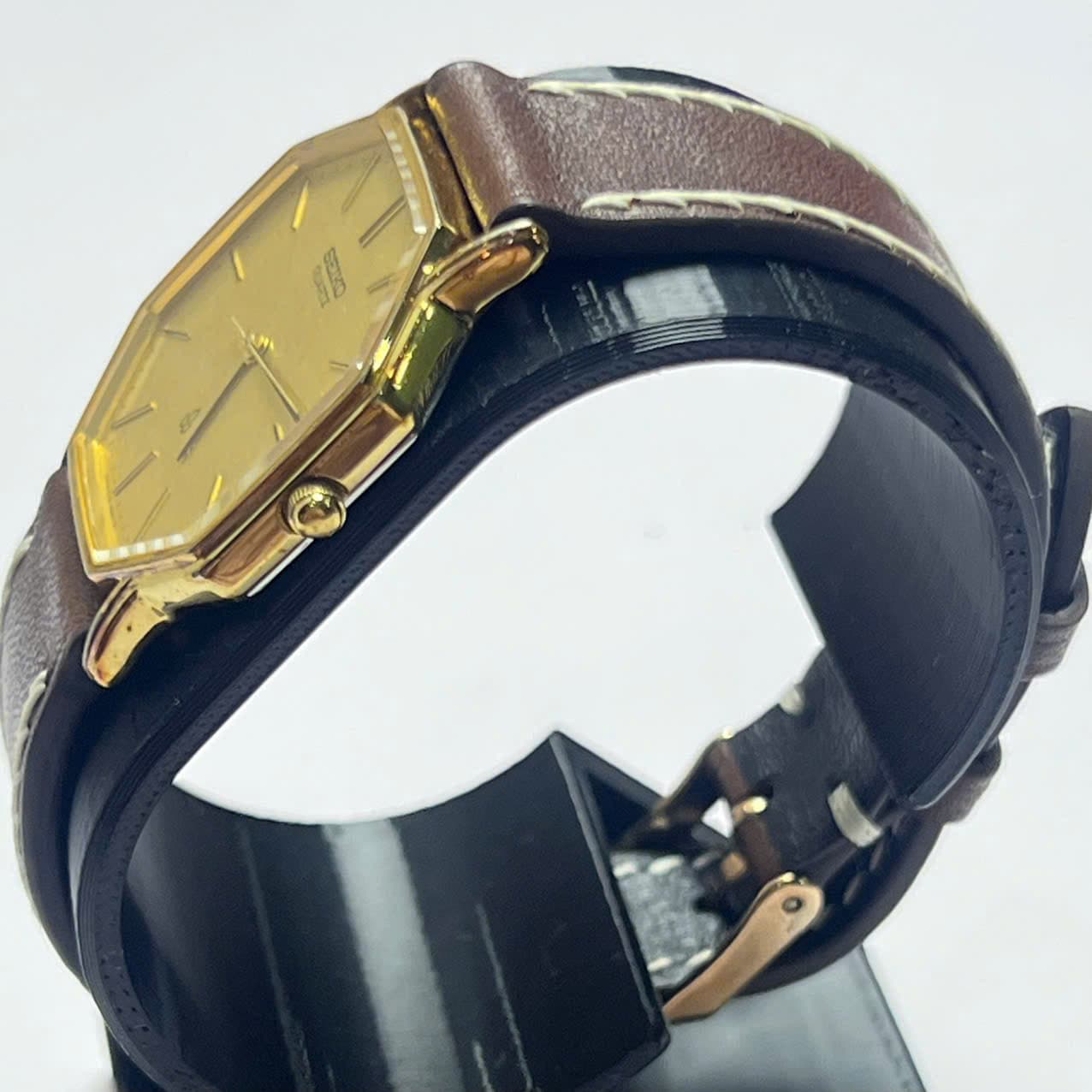 Đồng hồ nam dây da Seiko Quartz 1980s, mặt bát giác cổ điển, chính hãng nhật bản, mặt vàng vintage sang trọng