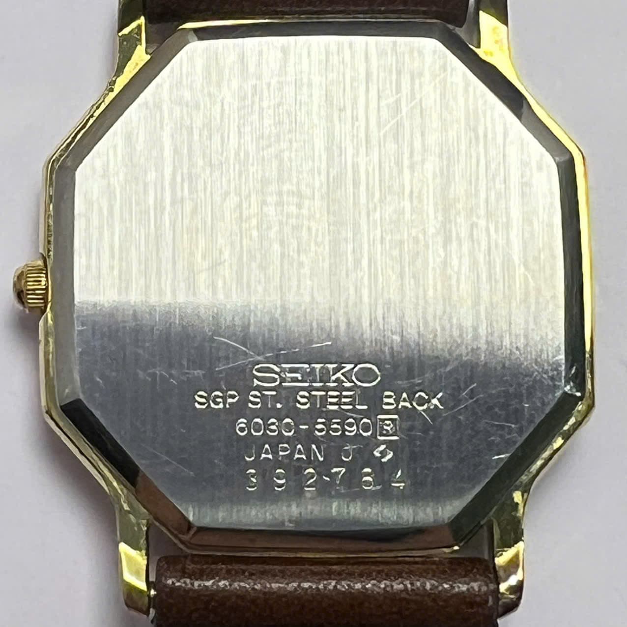 Đồng hồ nam dây da Seiko Quartz 1980s, mặt bát giác cổ điển, chính hãng nhật bản, mặt vàng vintage sang trọng