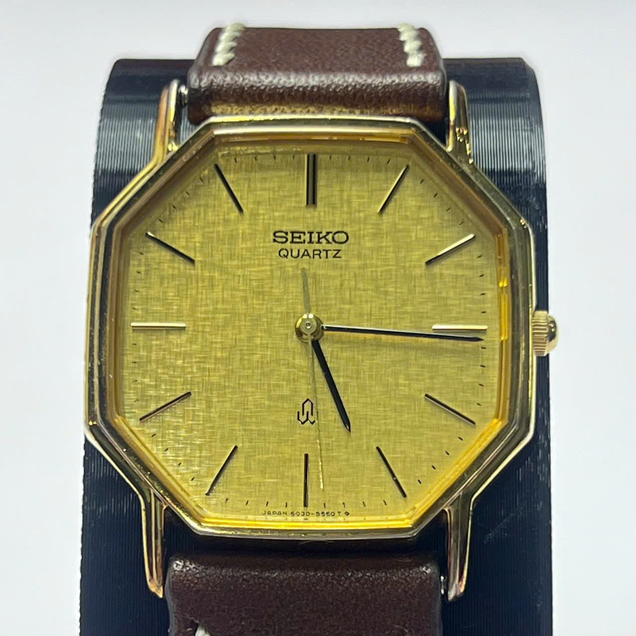 Đồng hồ nam dây da Seiko Quartz 1980s, mặt bát giác cổ điển, chính hãng nhật bản, mặt vàng vintage sang trọng