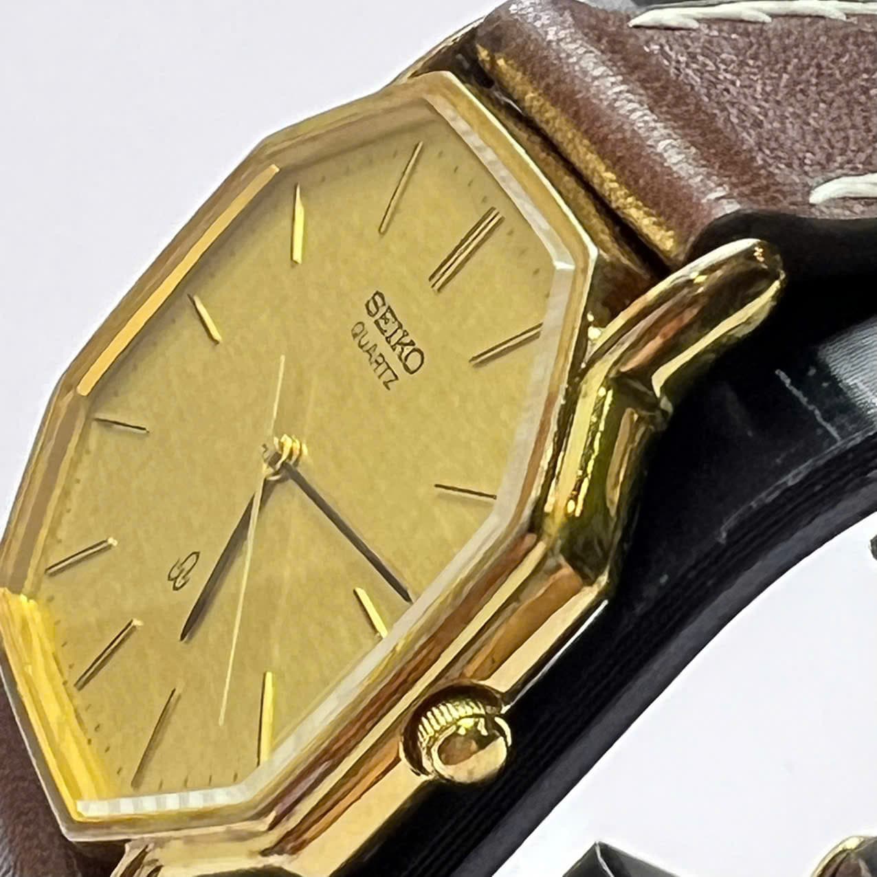 Đồng hồ nam dây da Seiko Quartz 1980s, mặt bát giác cổ điển, chính hãng nhật bản, mặt vàng vintage sang trọng