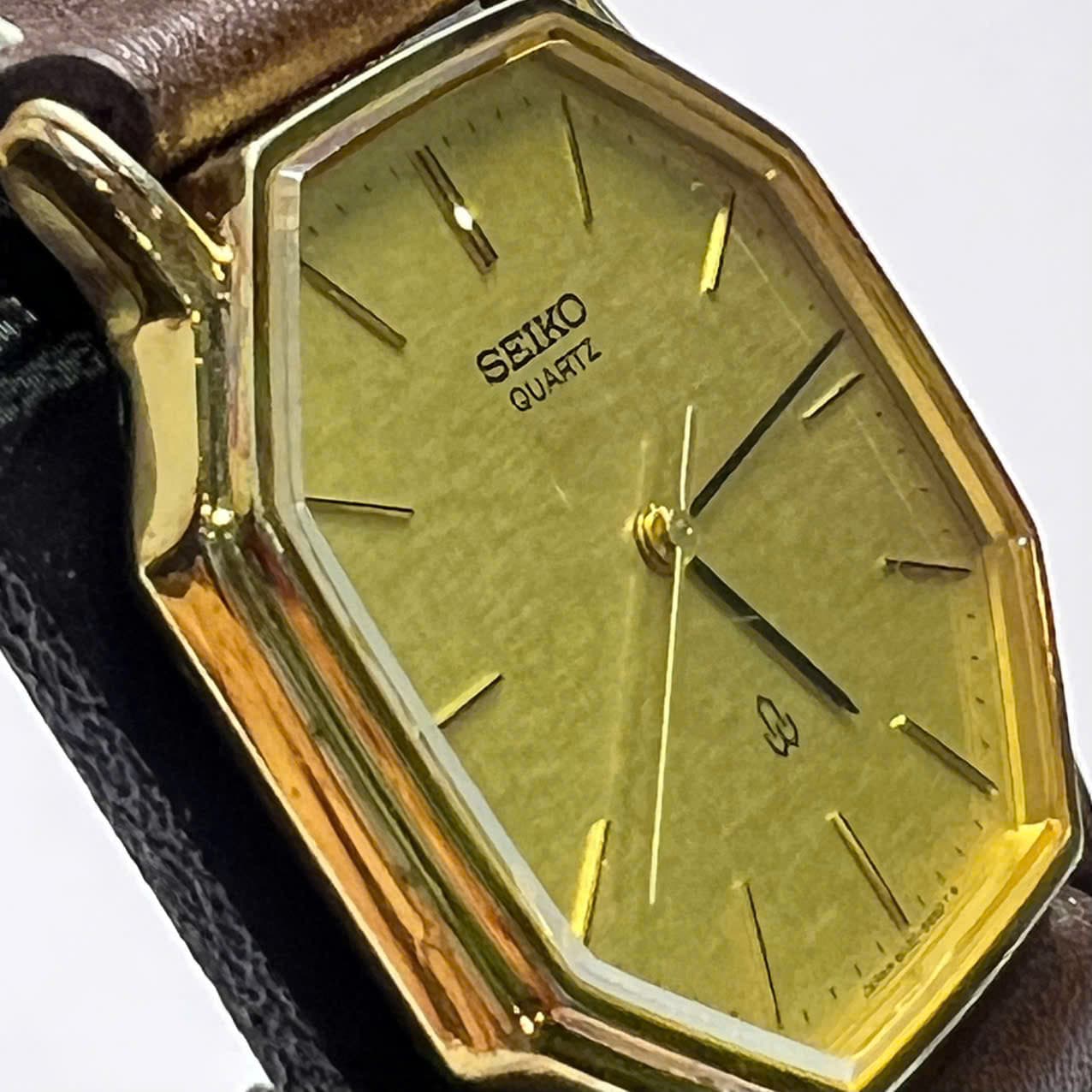 Đồng hồ nam dây da Seiko Quartz 1980s, mặt bát giác cổ điển, chính hãng nhật bản, mặt vàng vintage sang trọng