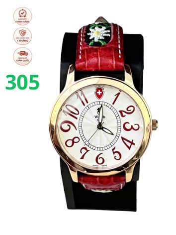 Đồng hồ nữ B Watch Thụy Sĩ, dây đỏ thêu hoa