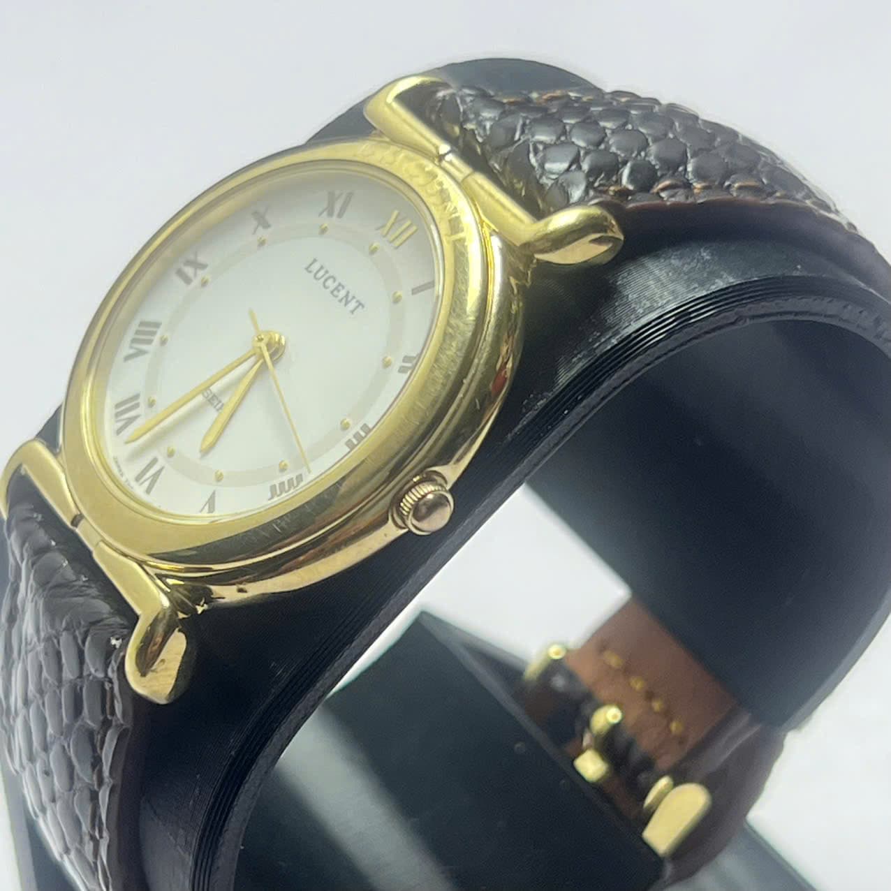 Đồng hồ Seiko Lucent máy pin mạ vàng mặt trắng số la mã, đồng hồ 2hand độ mới cao dây da kì đà