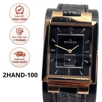 Đồng hồ Skagen Denmark mặt chữ nhật đen rose gold – dây da quartz tối giản