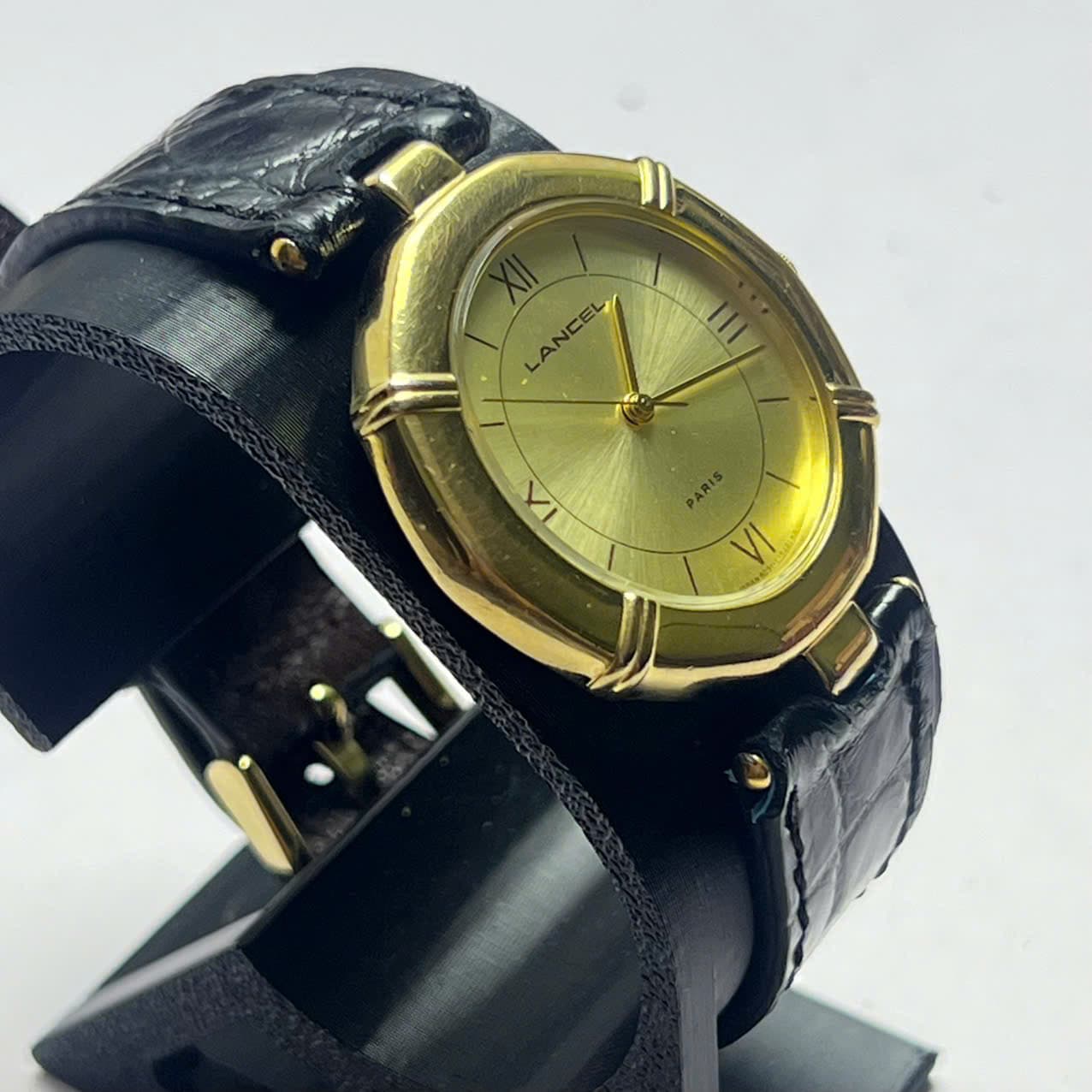 Đồng hồ lancel paris mạ vàng chính hãng nhật bản độ mới cao, bộ dây da cá sấu