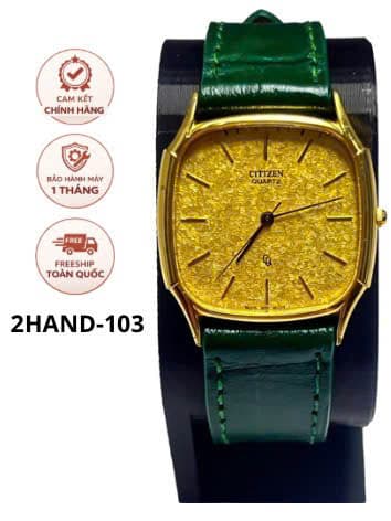 Đồng hồ nam Citizen máy pin chính hãng nhật bản, mặt vàng gold vuông cổ điển, độ mới cao